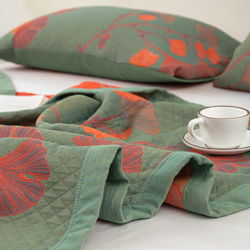 Orange Ginkgo Leaf Cotton Reversible Quilt - image 9