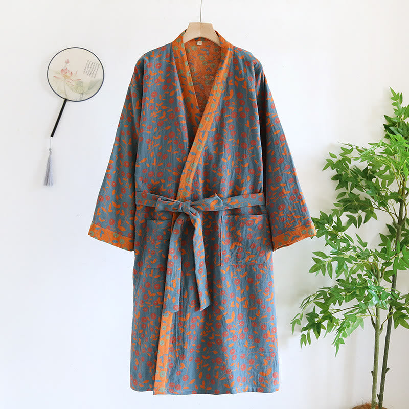 Jacquard Cotton Gauze Comfy Floral Bathrobe - Dark Blue & Orange - L - image 0