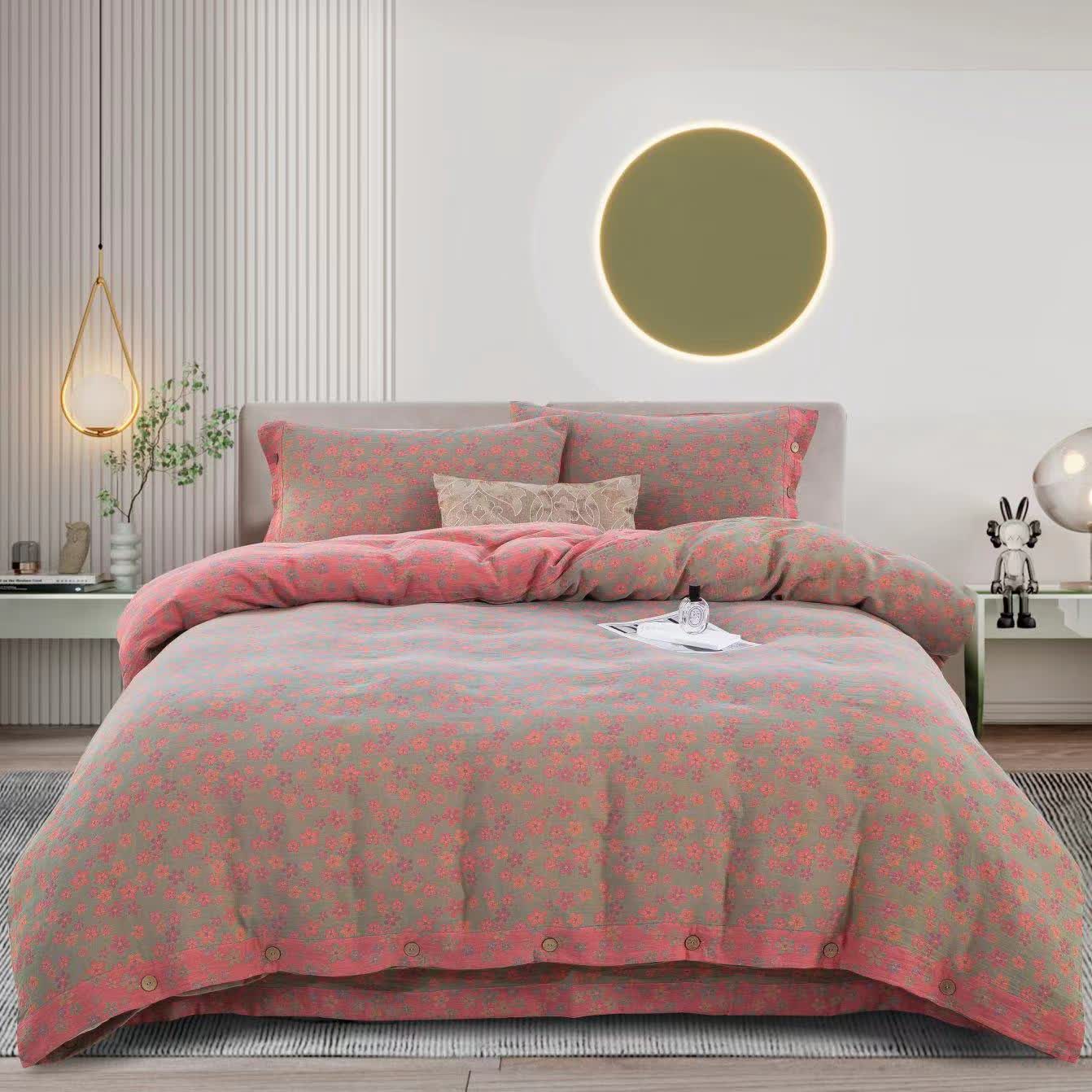 Floral Button Cotton Gauze Bedding Set (4PCS)