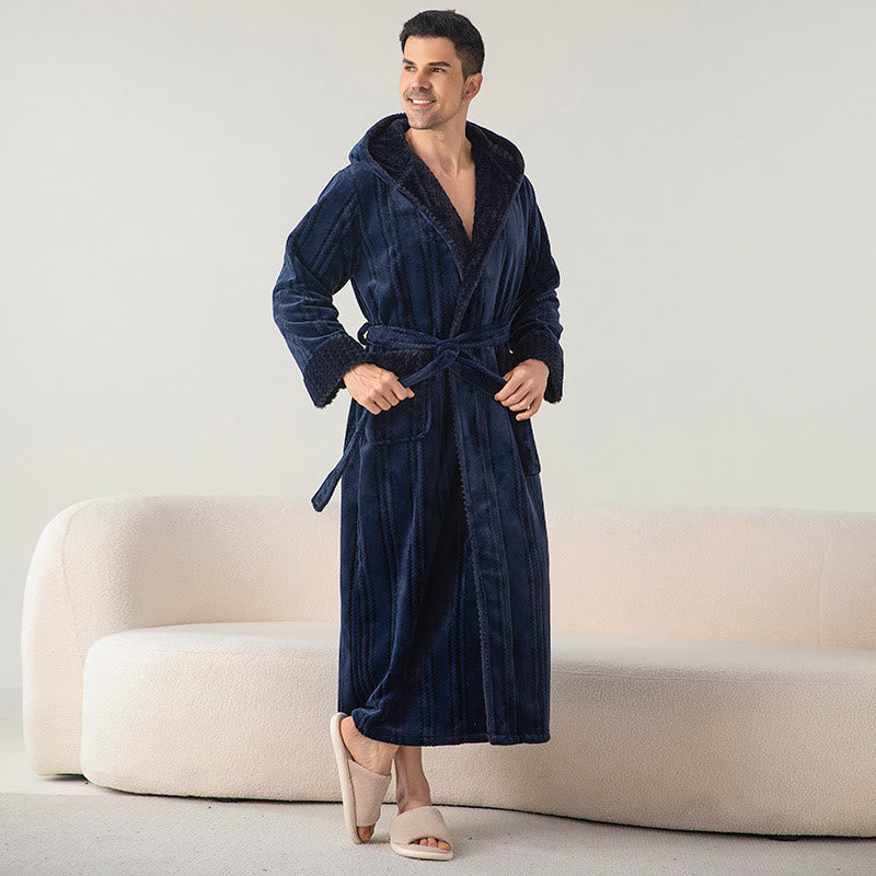 Fleece Hooded Winter Long Bathrobe - Navy Blue - Men XL - image 9
