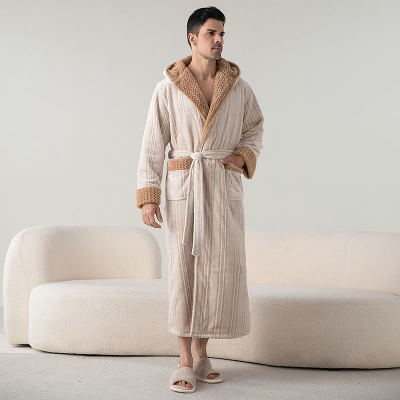 Fleece Hooded Winter Long Bathrobe - Beige - Men XL - image 3