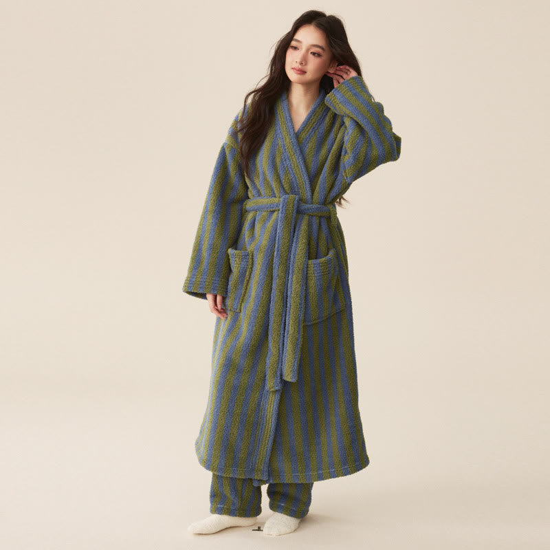 Winter Fleece Modern Stripe Long Bathrobe - Bathrobe with pants - Dark Green - Women XL - image 1