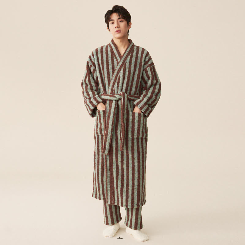 Winter Fleece Modern Stripe Long Bathrobe - Bathrobe with pants - Mint Green & Brown - Men L - image 5