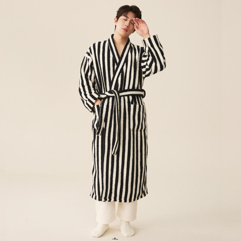 Winter Fleece Modern Stripe Long Bathrobe - Bathrobe with pants - Black & White - Men XXL - image 9