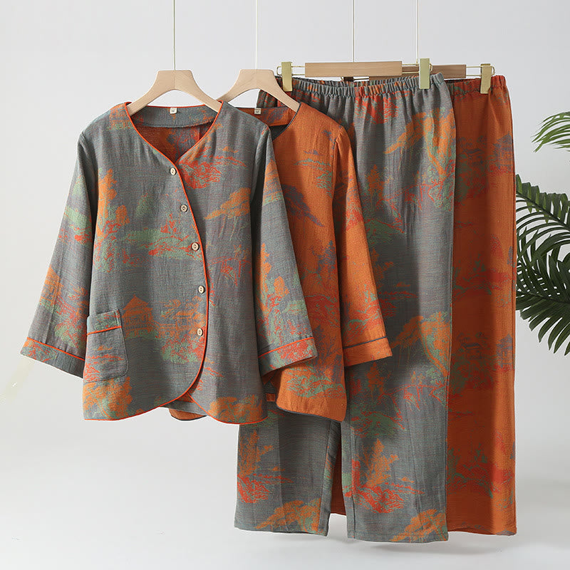Cotton Gauze Long-sleeve Jacquard Pajama Set