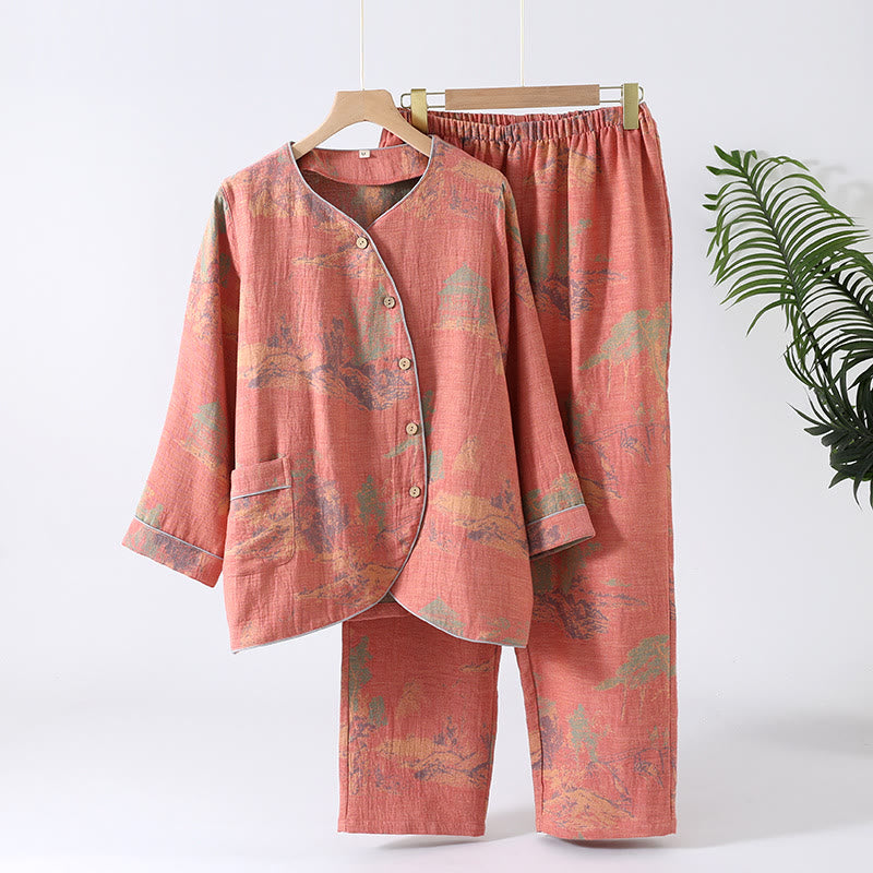 Cotton Gauze Long-sleeve Jacquard Pajama Set