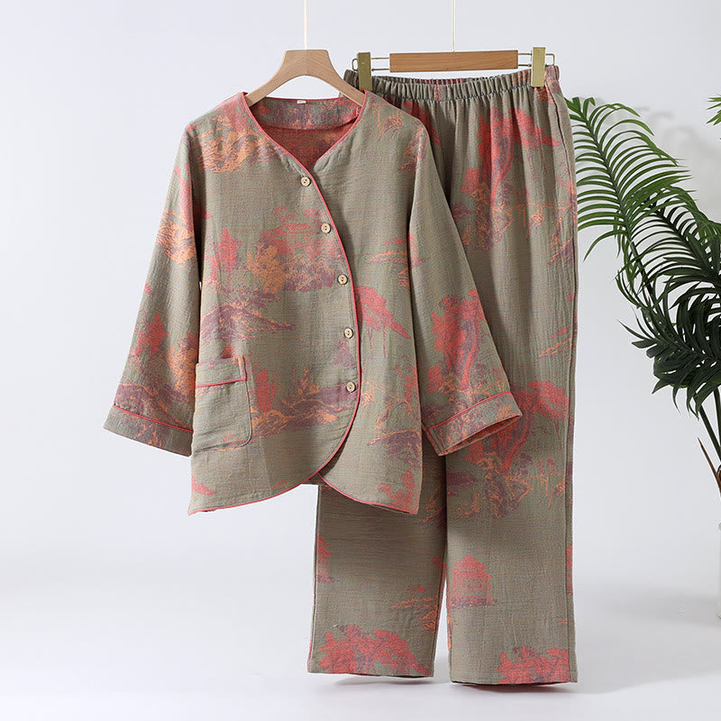 Cotton Gauze Long-sleeve Jacquard Pajama Set