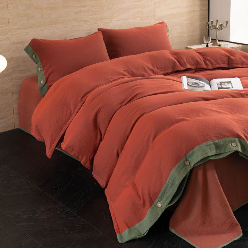 Cotton Gauze Solid Color Button Bedding Set (4PCS)