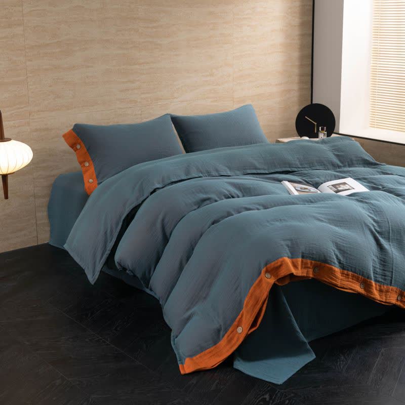 Cotton Gauze Solid Color Button Bedding Set (4PCS)