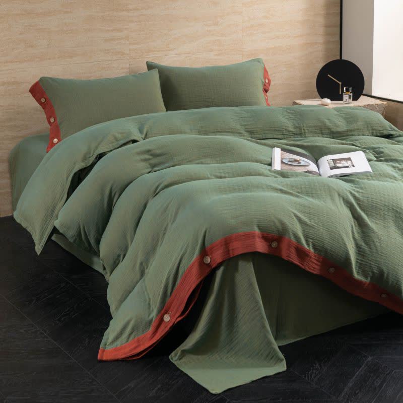Cotton Gauze Solid Color Button Bedding Set (4PCS)