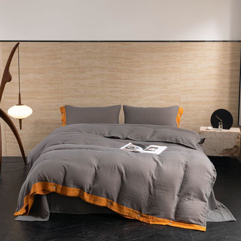 Cotton Gauze Solid Color Button Bedding Set (4PCS)