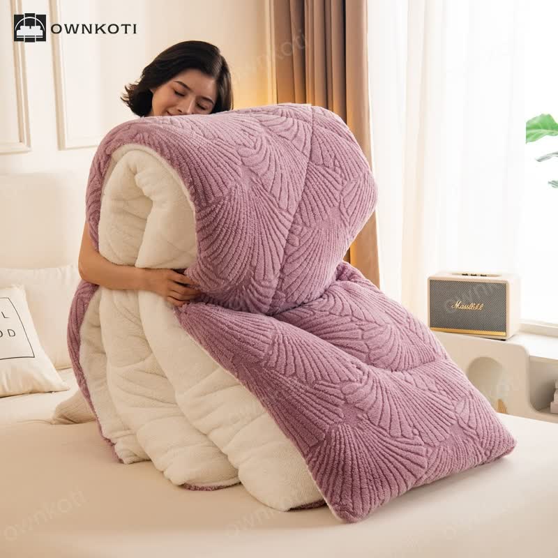Sherpa Jacquard Ginkgo Leaf Blanket with Quilt Core
