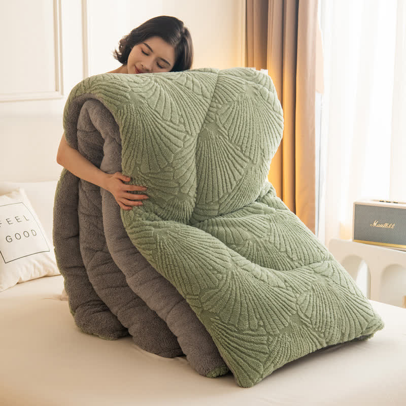 Sherpa Jacquard Ginkgo Leaf  Blanket with Quilt Core - Avocado Green - Queen - image 13