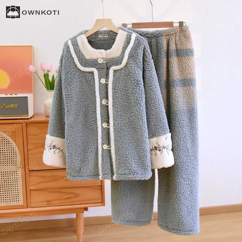 Embroidered Floral Sherpa Pajama Set