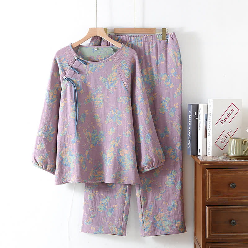 Floral Bird Frog Button Cotton Pajama Set