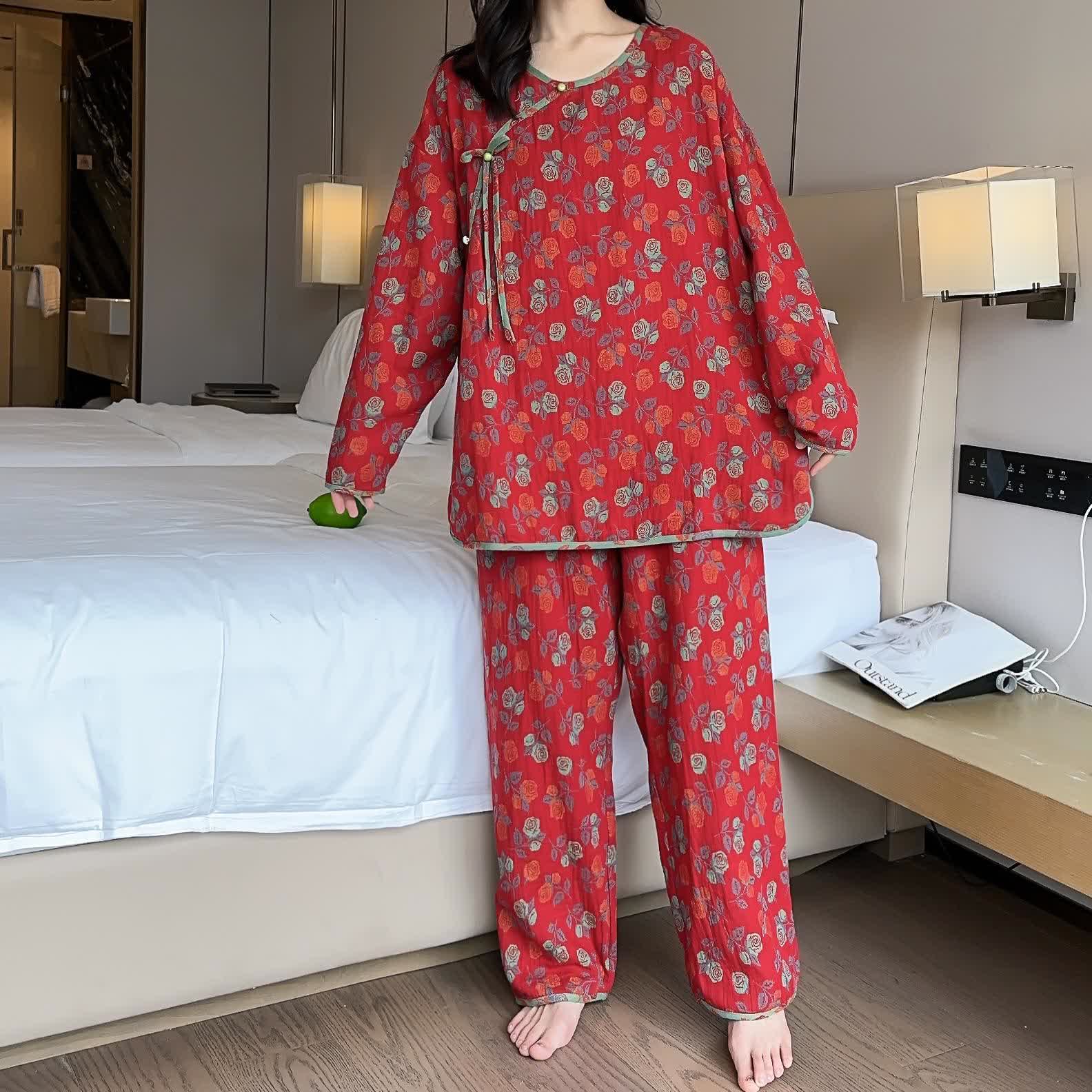 Plus Size  Rose Cotton Soft Pajama Set - Red - 4XL - image 1