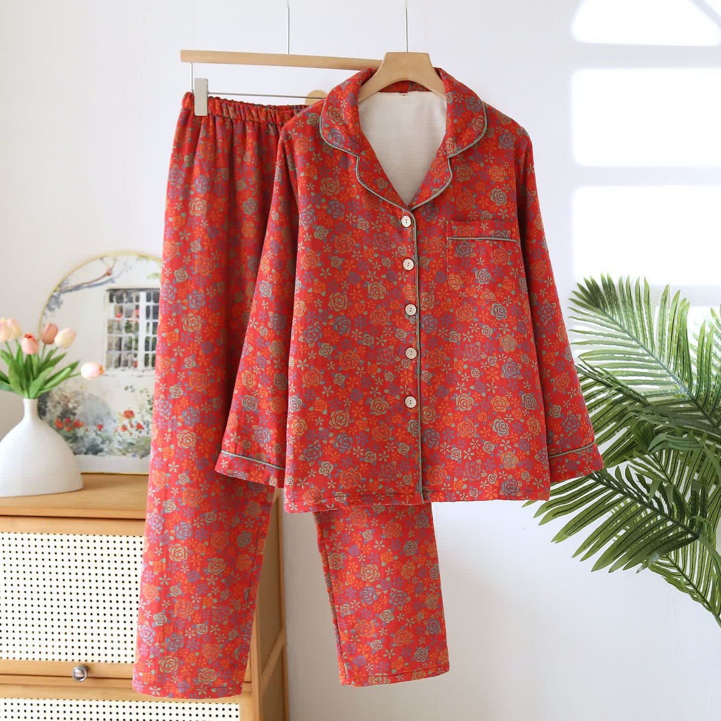 Yarn-dyed Rose Cotton Flannel Pajama Set