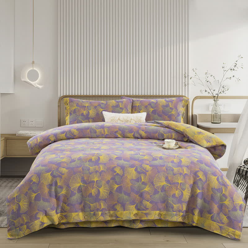 Button Ginkgo Leaf Cotton Bedding Set (4PCS) - Purple & Yellow - Bedding Set - King - image 0