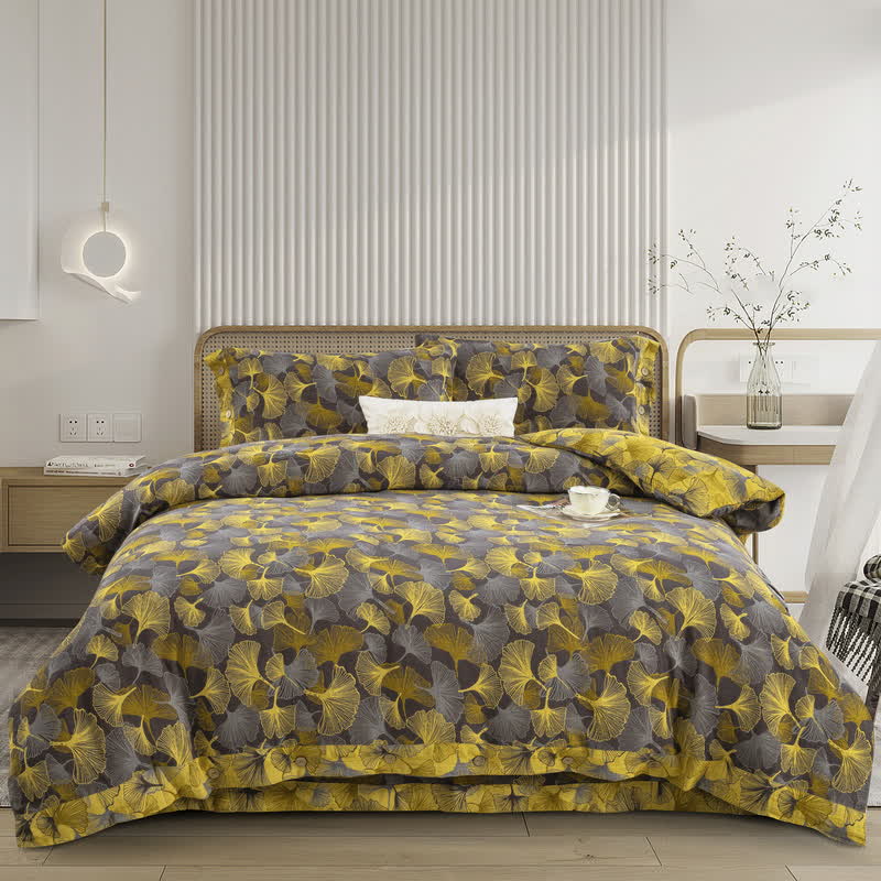 Button Ginkgo Leaf Cotton Bedding Set (4PCS) - Dark Gray & Yellow - Bedding Set - King - image 11