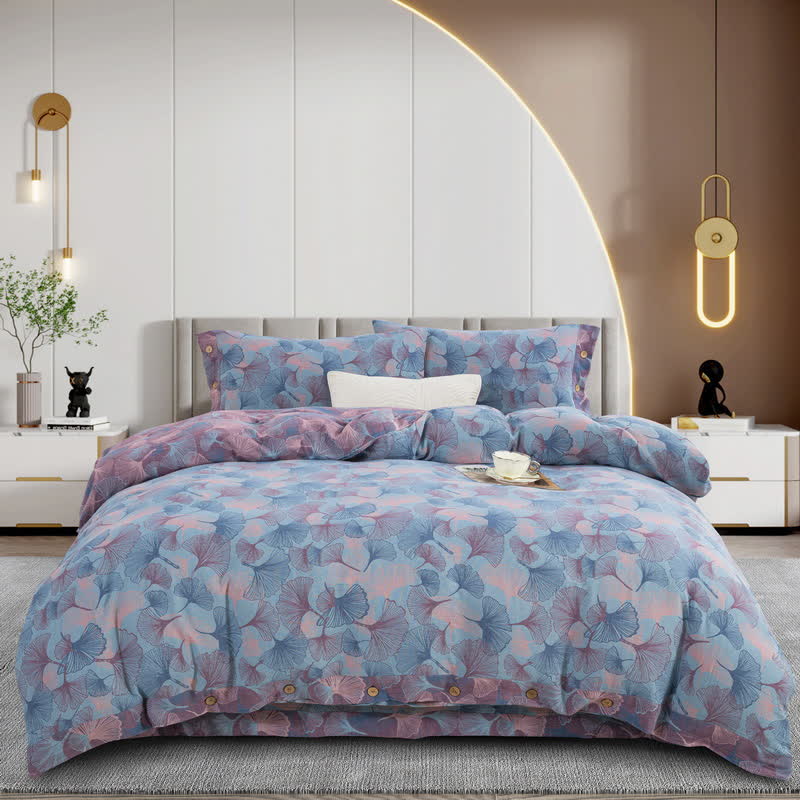 Button Ginkgo Leaf Cotton Bedding Set (4PCS) - Blue & Purple - Bedding Set - King - image 34