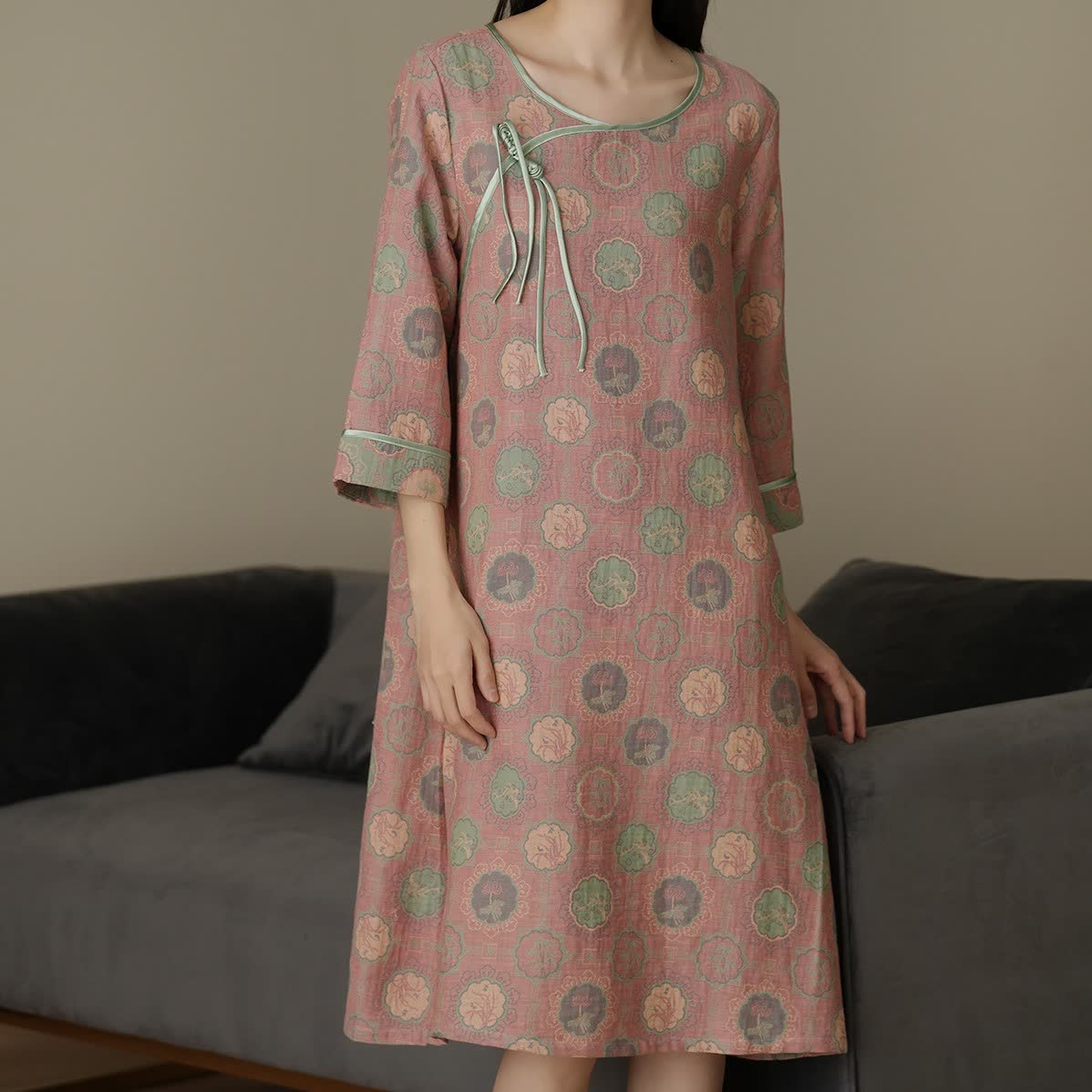 Three-quarter Sleeves Cotton Gauze Nightgown