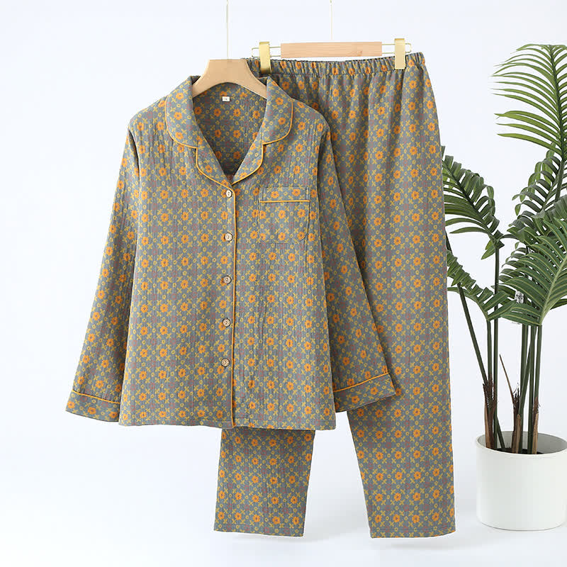 Vintage Cotton Gauze Cardigan Nightwear Set - Gray & Yellow - XL - image 0