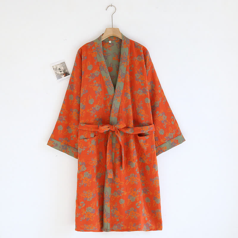 Double Layer Cotton Gauze Kimono Bathrobe - Orange - L - image 0