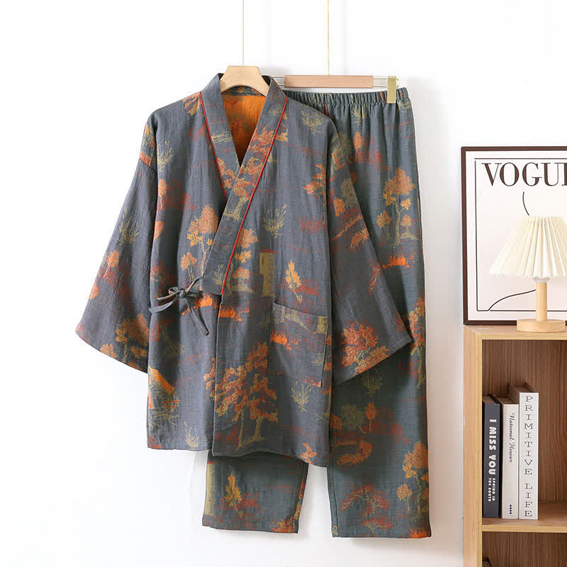 Ownkoti Neutral Landscape Kimono Cotton Pajama Set - Gray Blue - XL - image 11