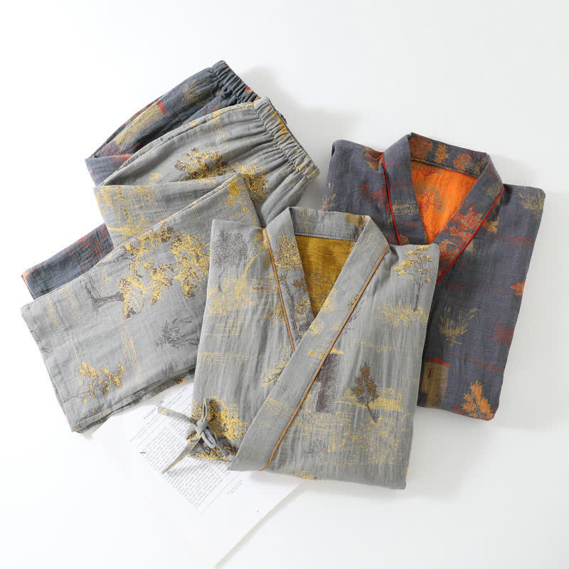 Neutral Landscape Kimono Cotton Pajama Set