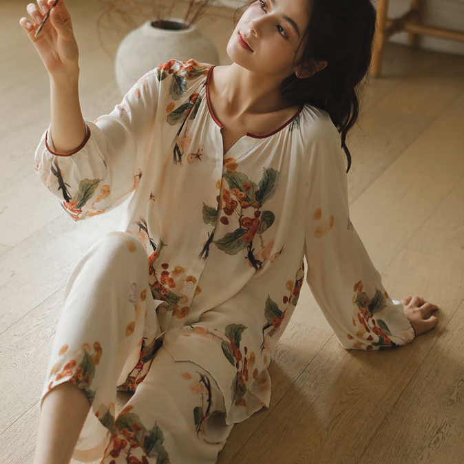 Satin Rural Soft Cardigan Pajama Set