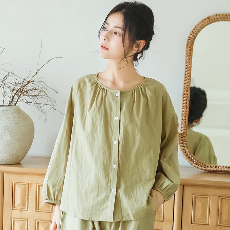 Solid Color Round Neckline Cotton Gauze Nightwear
