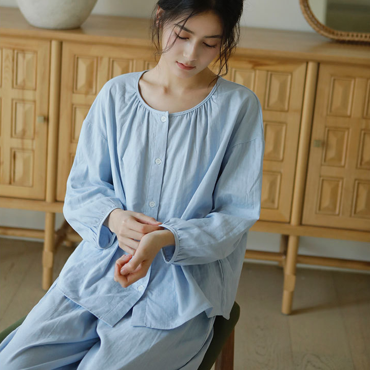 Solid Color Round Neckline Cotton Gauze Nightwear