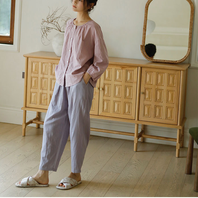 Solid Color Round Neckline Cotton Gauze Nightwear