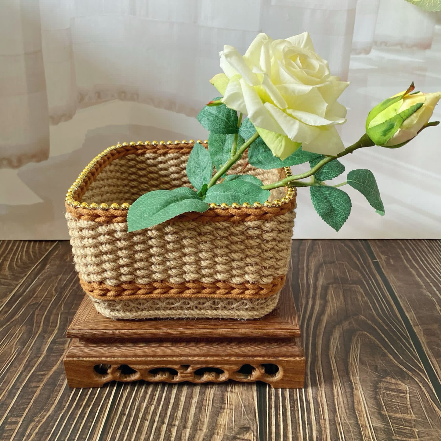 Vintage Floral Hand-woven Tabletop Storage Basket - image 3