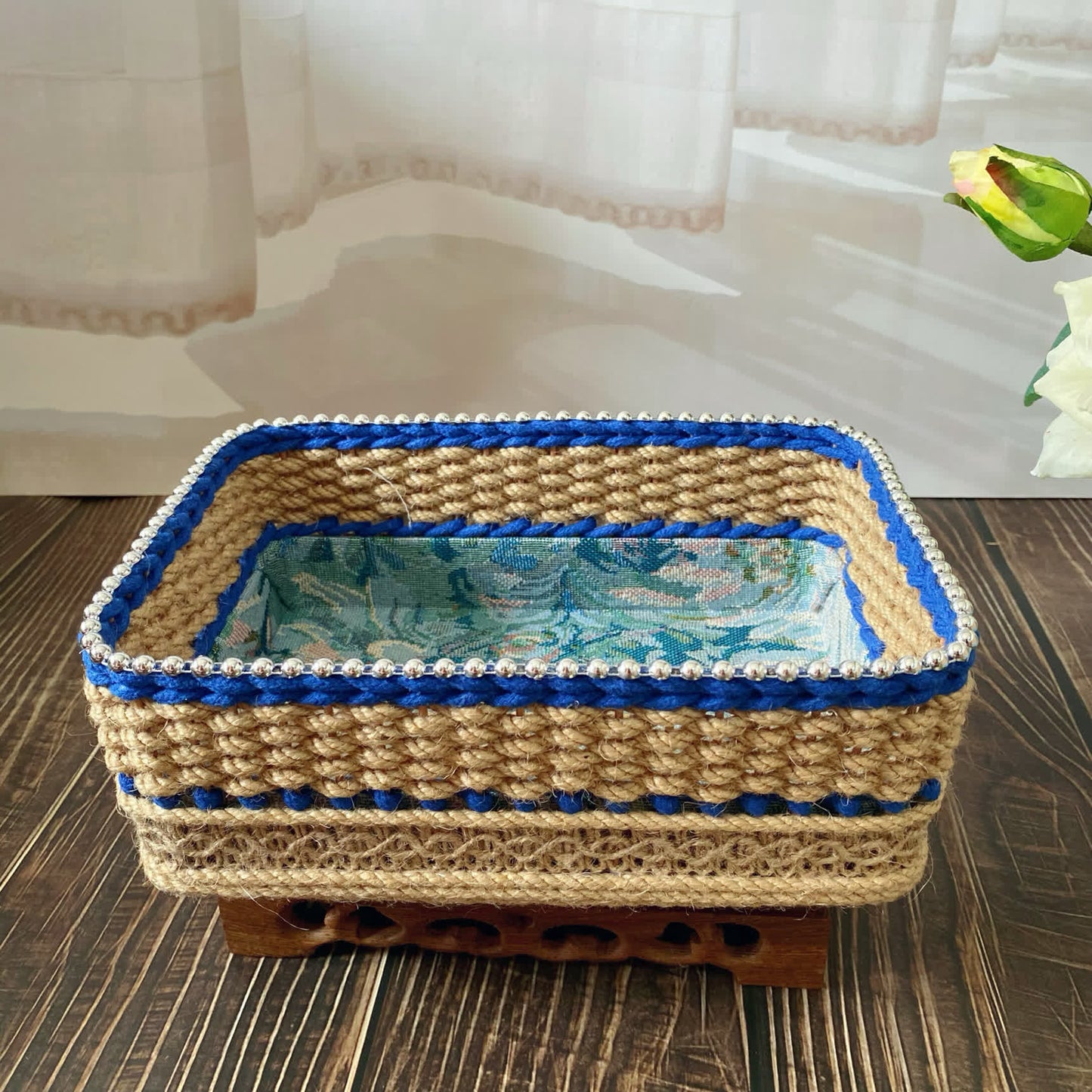 Vintage Floral Hand-woven Tabletop Storage Basket - Blue - 1PCS - 6.29'' W X 9.06'' L X 3.35'' H - image 8