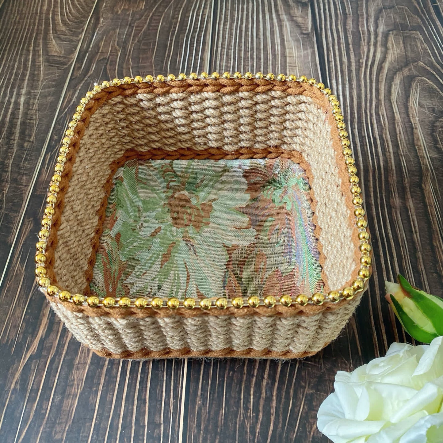 Vintage Floral Hand-woven Tabletop Storage Basket - image 4