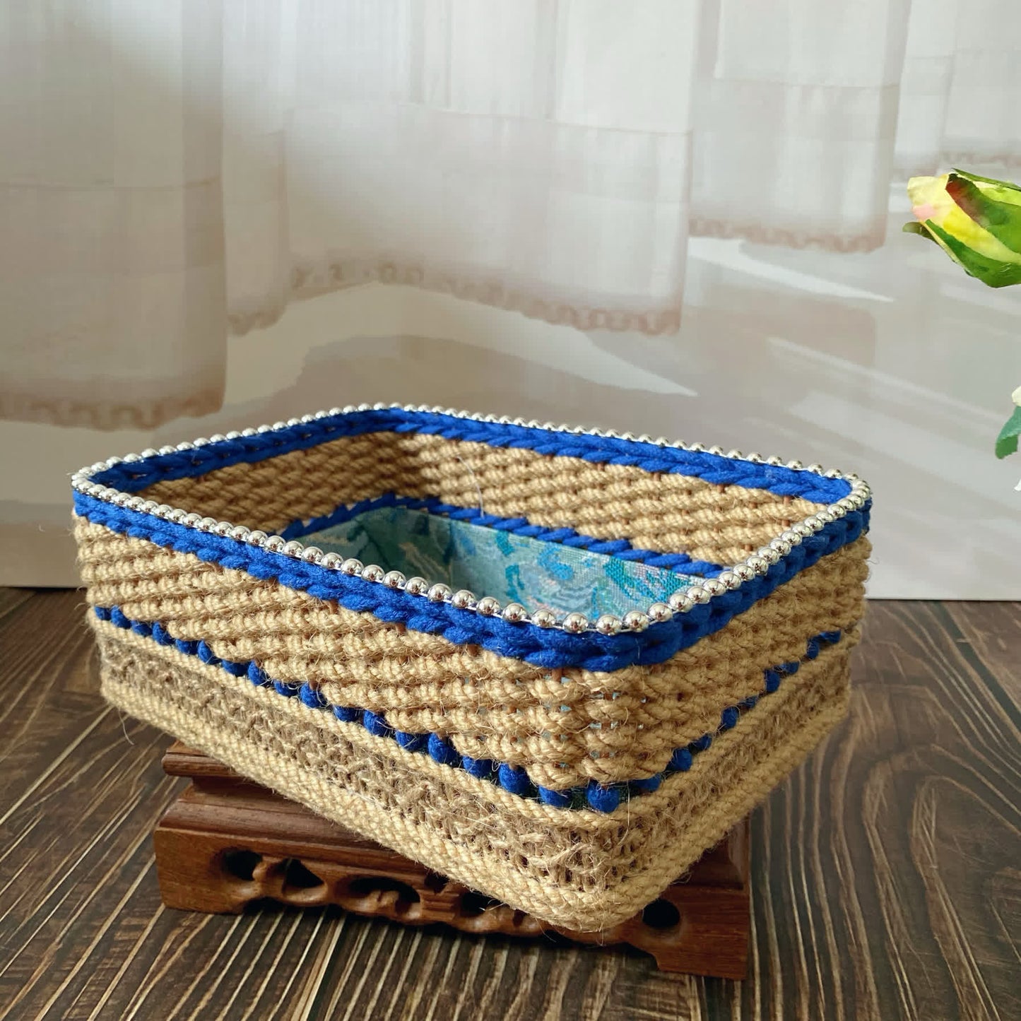 Vintage Floral Hand-woven Tabletop Storage Basket - image 9