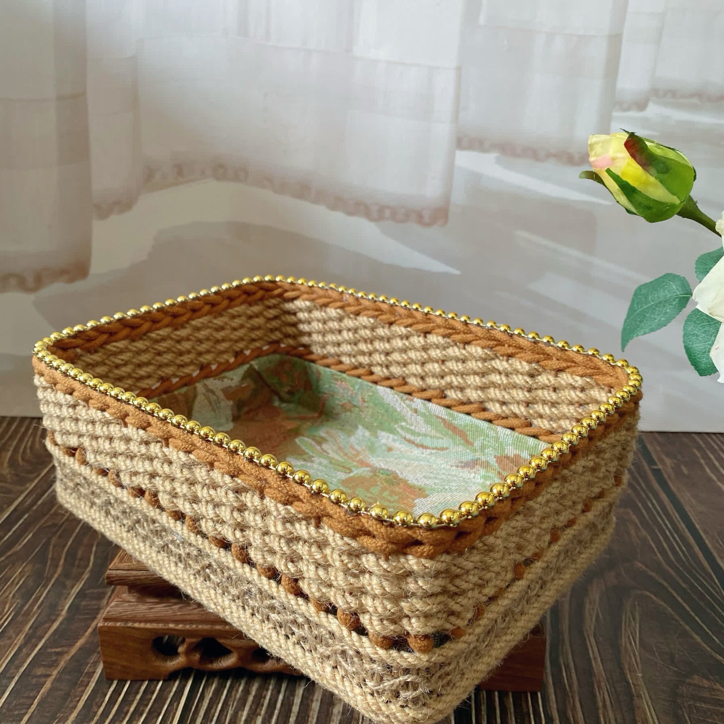 Vintage Floral Hand-woven Tabletop Storage Basket - Khaki - 1PCS - 6.29'' W X 9.06'' L X 3.35'' H - image 5