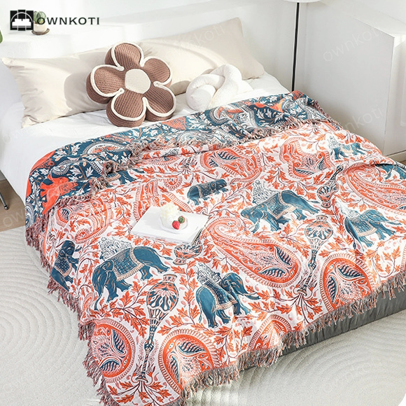 Paisley Elephant Tassel Cotton Sofa Blanket