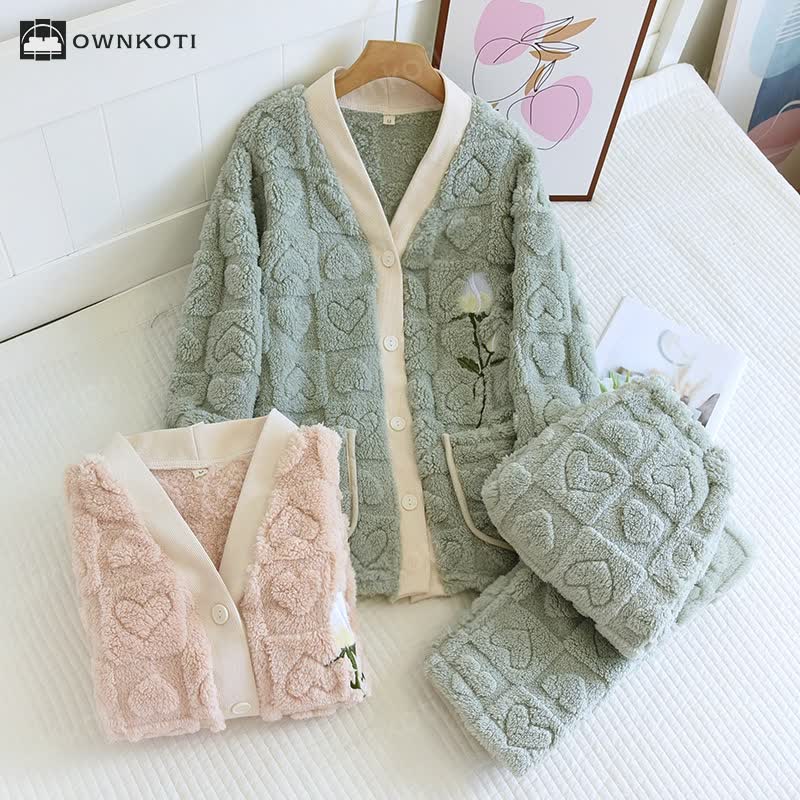 Embroidered Rose Soft Fleece Pajama Set