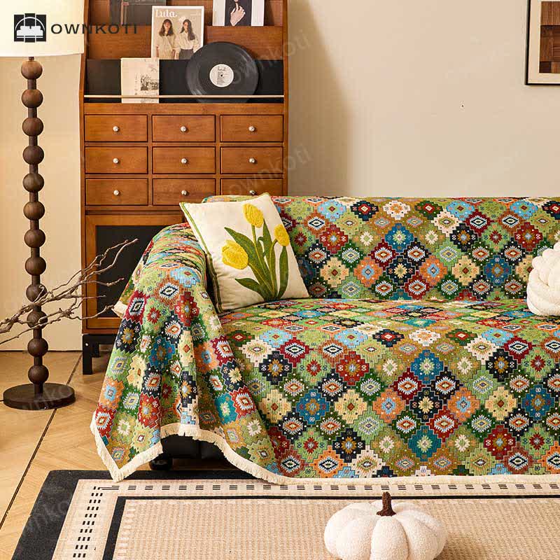 Vintage Cotton Linen Checkered Jacquard Sofa Cover