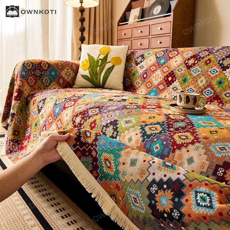 Vintage Cotton Linen Checkered Jacquard Sofa Cover
