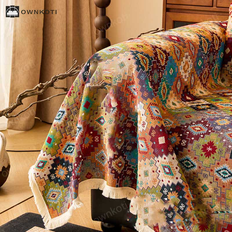 Vintage Cotton Linen Checkered Jacquard Sofa Cover