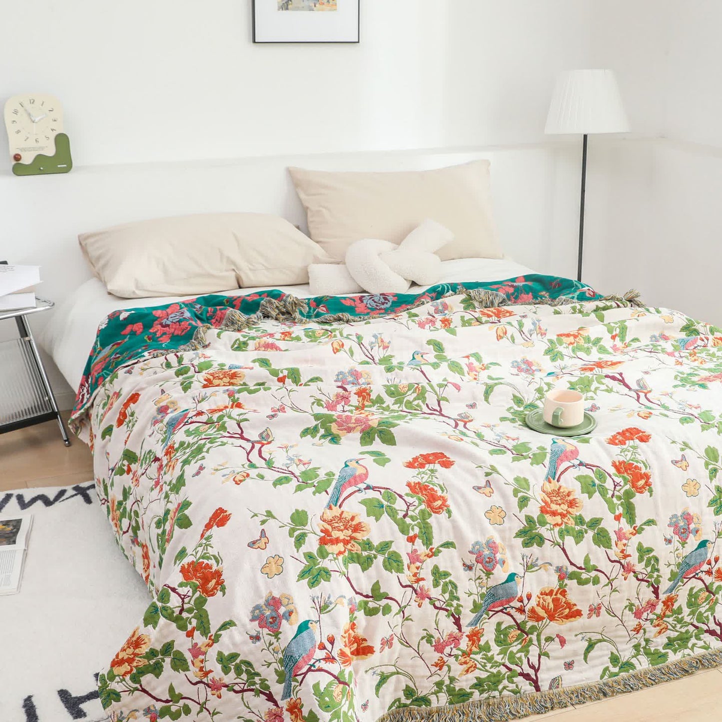 Cotton Gauze Peony Bird Reversible Sofa Blanket