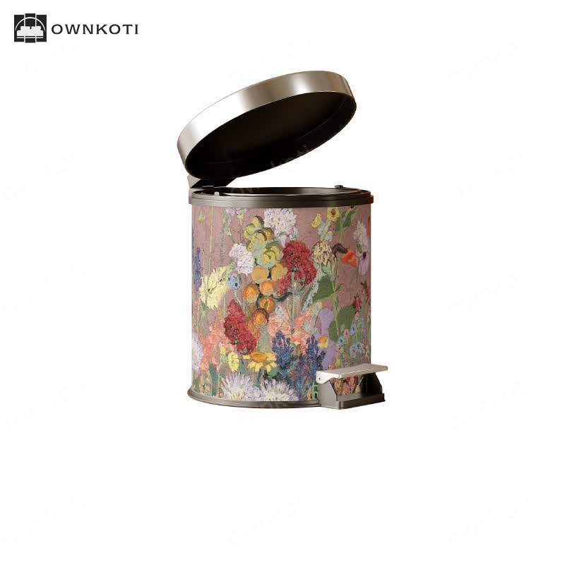 Oil Painting Style Floral Leather Trash Bin