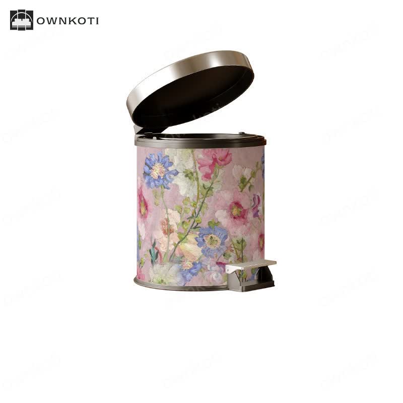 Oil Painting Style Floral Leather Trash Bin