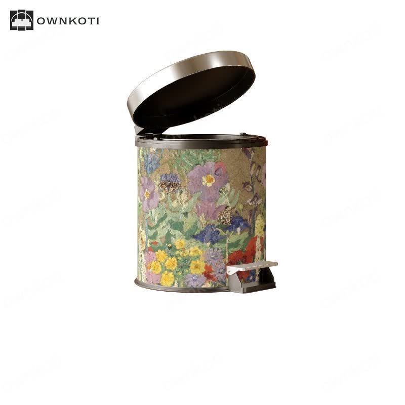 Oil Painting Style Floral Leather Trash Bin