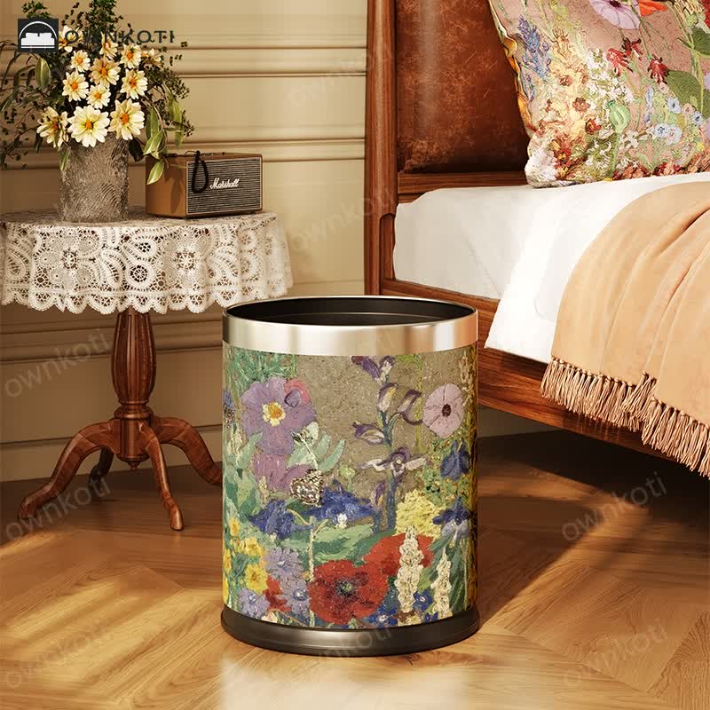 Oil Painting Style Floral Leather Trash Bin