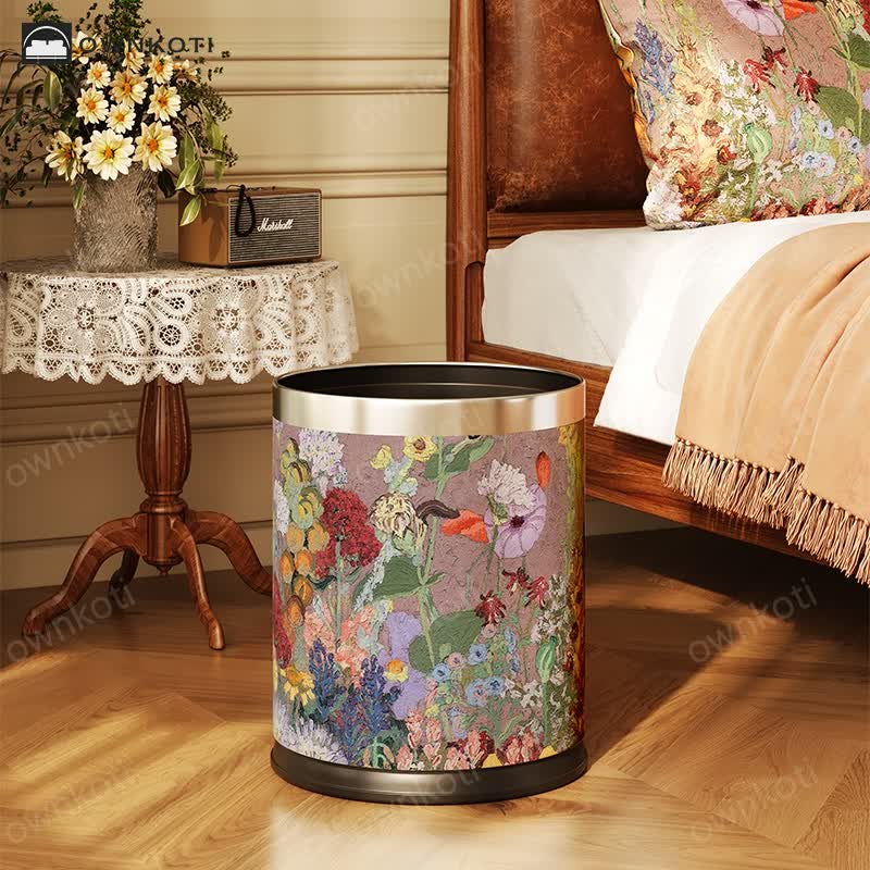 Oil Painting Style Floral Leather Trash Bin
