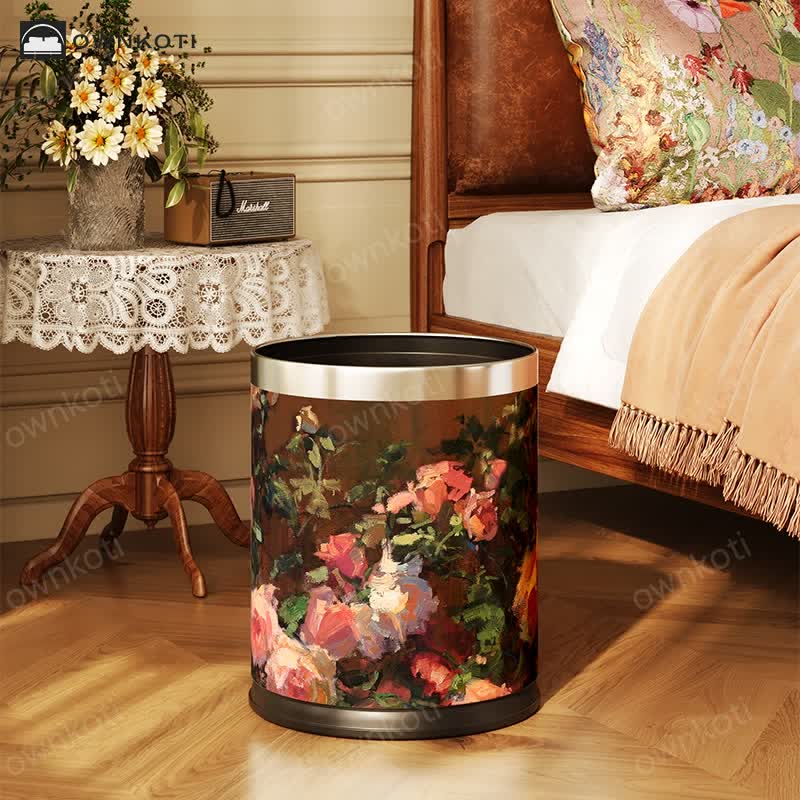 Elegant Floral Leather Durable Trash Can